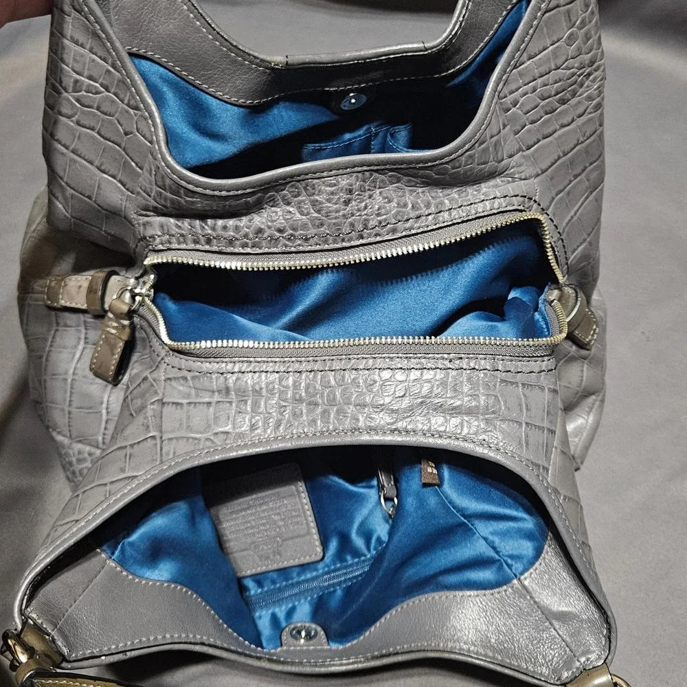 Coach Chelsea Jayden Gray Croc‎ Embossed Leather Hobo Bag 18761 Blue Lining